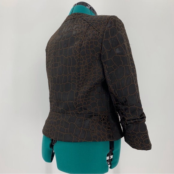 anthracite Brown Scale Print Zipper Closure 3/4 Ruched Sleeve Blazer, 10 - Picture 6 of 16
